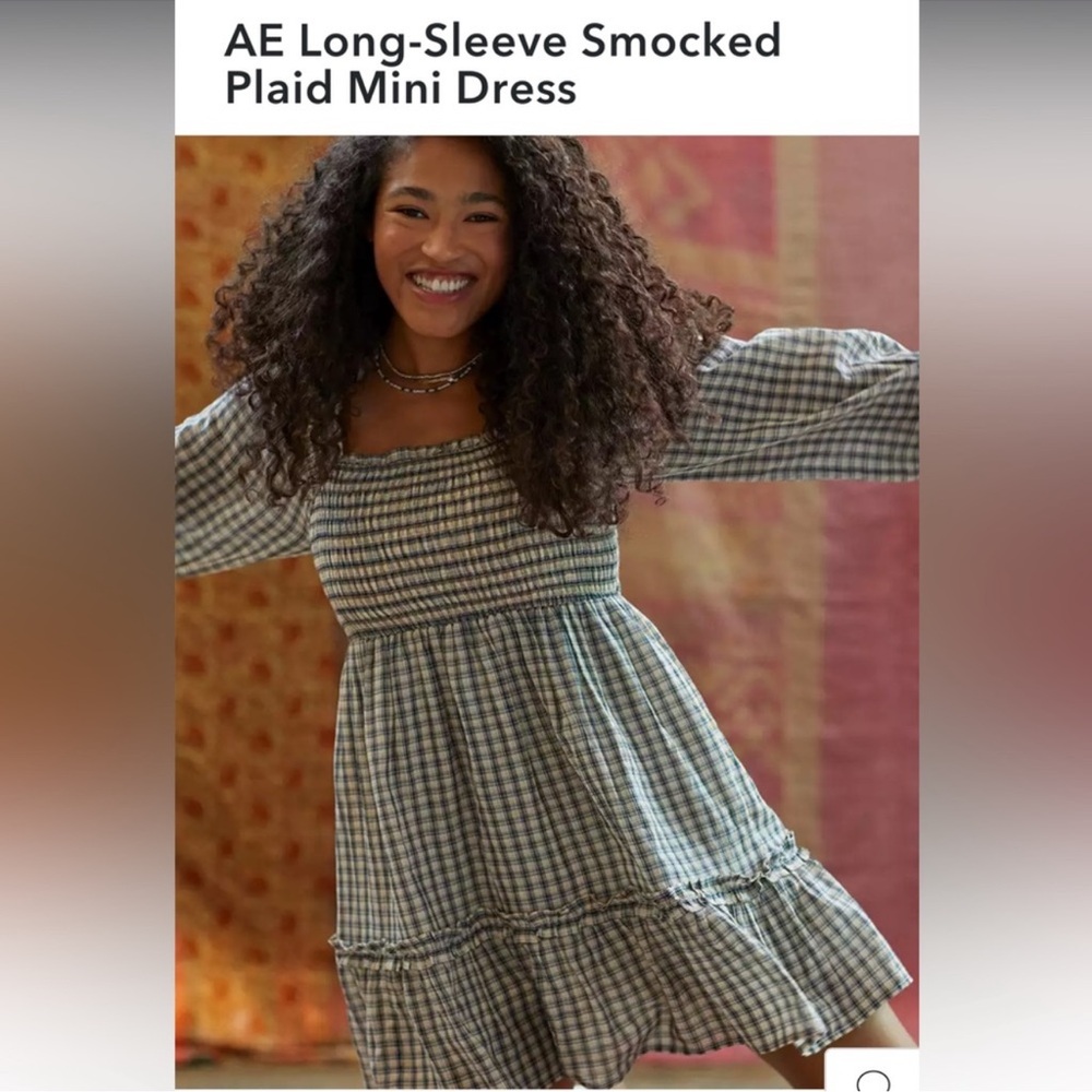 American Eagle Outfitters Blue and Cream Smocked Plaid Dress